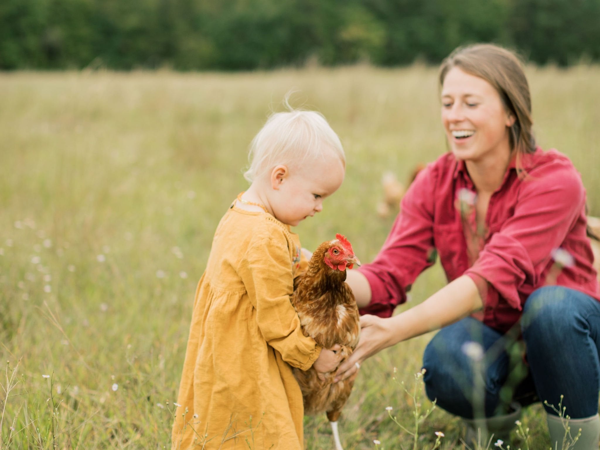 Young boy holding a brown chicken while wearing a cozy winter hat and a knitted sweater, set against a blurred outdoor background with a wooden fence.